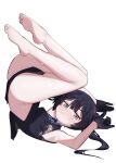  1girl armpits arms_up bare_shoulders barefoot black_dress black_gloves black_hair blue_archive blush breasts china_dress chinese_clothes closed_mouth double_bun dragon_print dress feet gloves grey_eyes hair_between_eyes hair_bun highres impossible_clothes kisaki_(blue_archive) legs_up long_hair looking_at_viewer lying mandarin_collar miaoema no_panties on_back simple_background small_breasts soles solo sweat toes twintails white_background 
