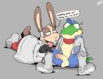  absurd_res anthro balls belly blush bodily_fluids duo embarrassed english_text erection flirting foreskin genital_fluids genitals hare hi_res lagomorph leporid male male/male mammal navel nintendo penis peppy_hare precum slightly_chubby slippy_toad sodacaps star_fox text toad_(disambiguation) 