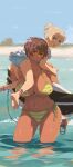  2girls anklet ass_visible_through_thighs beach bikini blonde_hair blue_eyes blue_sky breasts brown_hair carrying carrying_over_shoulder carrying_person dark-skinned_female dark_skin day hair_bun height_difference highres huge_breasts interracial jewelry kei_(m_k) m_k multiple_girls navel open_mouth original outdoors partially_submerged red_eyes rika_(m_k) sky standing swimsuit tall tall_female tomboy wet yuri 