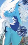  anthro big_breasts blue_body blue_feathers breasts butt cheerleader clothing equid equine evehly feathers female hasbro hi_res mammal my_little_pony panties pegasus pom_poms solo underwear wings 