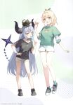  2girls :d absurdres animal_on_head bare_legs black_shirt blonde_hair candy cat cat_on_head demon_horns food green_eyes green_shirt green_socks grey_hair hana_mori hand_on_own_hip highres holding holding_candy holding_food holding_lollipop hololive horns ice_cream kazama_iroha la+_darknesss lollipop long_hair multiple_girls on_head ponytail scan shirt shoes short_shorts shorts smile socks tail very_long_hair virtual_youtuber watch wristwatch yellow_eyes 