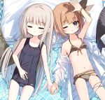  2girls ;o arm_up armpits bare_arms bare_shoulders bikini black_bikini black_one-piece_swimsuit breasts brown_hair closed_eyes closed_mouth collarbone commentary_request grey_hair halterneck healer_girl_(yuuhagi_(amaretto-no-natsu)) jacket long_hair lucena_winter lying multiple_girls navel off_shoulder old_school_swimsuit on_back one-piece_swimsuit one_eye_closed open_clothes open_jacket original parted_lips school_swimsuit see-through small_breasts smile swimsuit very_long_hair white_jacket yuuhagi_(amaretto-no-natsu) 