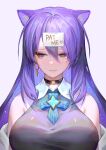  1girl absurdres animal_ears bare_shoulders blush breasts choker earrings english_text hair_between_eyes heart highres hololive hololive_indonesia jewelry john053028 large_breasts long_hair looking_at_viewer moona_hoshinova moona_hoshinova_(1st_costume) paper_on_head purple_eyes purple_hair simple_background single_earring solo star_(symbol) starry_hair virtual_youtuber white_background 