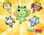  5boys belt black_eyes blue_eyes copyright_name dororo_(keroro_gunsou) frog giroro glasses hat headphones keroro keroro_gunsou kururu_(keroro_gunsou) mask multiple_boys official_art official_wallpaper one_eye_closed orange_background simple_background smile star_(symbol) tail tamama yoshizaki_mine 