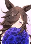  1girl alternate_costume animal_ears black_hair blush closed_mouth commentary_request flower hair_over_one_eye highres horse_ears horse_girl k0me long_hair looking_at_viewer no_headwear portrait purple_eyes rice_shower_(umamusume) simple_background smile solo tears umamusume 