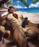  2_horns amon-sydonai anthro balls beverage bodily_fluids body_hair chest_hair deer diffuse_moose facial_hair genital_fluids genitals hi_res horn male mammal moose muscular muscular_anthro muscular_male mustache new_world_deer penis precum vein veiny_penis 