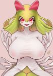  anthro big_breasts breasts female fullpillow_(artist) generation_3_pokemon green_hair hair hi_res kirlia looking_at_viewer nintendo pokemon pokemon_(species) red_eyes simple_background solo white_body 