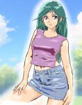  1girl aqua_hair blue_eyes blue_skirt blue_sky breasts choudenji_robo_combattler_v cloud day denim denim_skirt highres long_hair medium_breasts miniskirt mizumori_keiichi nanbara_chizuru navel outdoors purple_shirt shirt skirt sky sleeveless sleeveless_shirt solo 