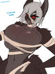  anthro big_breasts breasts dialogue domestic_cat english_text felid feline felis female fur green_hair grey_body grey_fur hair hi_res looking_aside mammal mummy_costume mummy_wrappings red_eyes sagestrike2_(artist) short_hair simple_background solo standing text white_background 