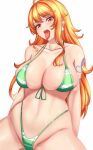  1girl anisdrawn bare_arms bare_shoulders bikini breasts commentary earrings green_bikini groin highres jewelry large_breasts long_hair looking_at_viewer nami_(one_piece) navel one_piece open_mouth orange_eyes orange_hair shoulder_tattoo solo stomach swimsuit tattoo tongue tongue_out upper_body very_long_hair 