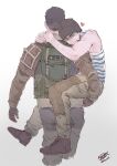  2boys absurdres arms_around_neck bara beanie beard blue_tank_top carrying carrying_person couple cropped_legs facial_hair from_behind glaz_(rainbow_six_siege) hat head_on_another&#039;s_shoulder heart highres kapkan_(rainbow_six_siege) looking_at_viewer male_focus mature_male multiple_boys muscular muscular_male official_alternate_costume one_armed_carry photo-referenced rainbow_six_siege saury_dog short_hair sideburns smug tank_top walking yaoi 