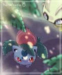  animal_focus artist_name blue_eyes blue_skin blurry blurry_foreground border celebi claws closed_mouth colored_skin commentary_request fangs floating green_skin hanabusaoekaki ivysaur leaf no_humans pokemon pokemon_(creature) red_eyes sunlight white_border 