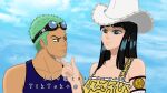  1boy 1girl artist_name bare_shoulders black_eyes black_hair blue_eyes blue_tank_top blunt_bangs closed_mouth cloud cloudy_sky commentary cowboy_hat english_commentary goggles goggles_on_head green_hair hand_on_another&#039;s_chin hat highres long_hair looking_at_another nico_robin official_alternate_costume one_piece outdoors roronoa_zoro short_hair sky smile tank_top white_headwear zakupanny 
