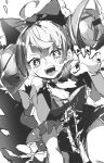  1girl :d ahoge black_nails bow claw_pose commentary diamond-shaped_pupils diamond_(shape) double_bun hair_bow hair_bun highres hololive hololive_indonesia kureiji_ollie looking_at_viewer mamiya_miya monochrome smile stitched_face stitches symbol-only_commentary symbol-shaped_pupils teeth upper_teeth_only virtual_youtuber x-shaped_pupils zombie 