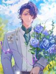  1boy blue_flower blue_jacket blue_rose blue_sky bouquet closed_mouth cloud cloudy_sky collared_shirt earrings flower formal highres holding holding_bouquet jacket jewelry male_focus marius_von_hagen_(tears_of_themis) outdoors purple_eyes purple_hair rose shirt short_hair single_earring sky solo tears_of_themis tubayran upper_body white_shirt 