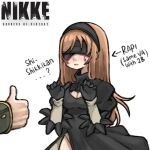  1boy 1girl black_blindfold black_hairband blindfold blush brown_hair commander_(nikke) cosplay goddess_of_victory:_nikke hairband ishikawa_yui nier:automata nier_(series) nijigen_blueshy rapi_(nikke) sweatdrop thumbs_up yorha_no._2_type_b yorha_no._2_type_b_(cosplay) 