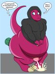  ambiguous_fluids anthro belly birth bodily_fluids clothing cum dialogue dinosaur ejaculation english_text genital_fluids genitals hi_res hoodie humor labor male nude penis pregnant pregnant_male reptile rub_lug scalie shy solo speech_bubble text topwear 