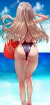  1girl arm_up ass back_cutout barefoot blonde_hair clothing_cutout cloud commentary day from_behind goddess_of_victory:_nikke highleg highleg_swimsuit highres horizon kneepits long_hair ocean official_alternate_costume one-piece_swimsuit outdoors rapi_(classic_vacation)_(nikke) rapi_(nikke) solo standing standing_on_one_leg swimsuit thigh_gap thighs twitter_username uenoryoma water 