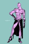  1boy adapted_costume diamond_wa_kudakenai full_body hand_in_own_hair jojo_no_kimyou_na_bouken killer_queen long_sleeves male_focus merumeru626 monochrome muscular muscular_male no_humans sandals solo stand_(jojo) standing waist_cape 