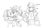  3girls anya_melfissa ckhd closed_mouth english_text feather_hair_ornament feathers hair_ornament hololive hololive_indonesia hug jacket jewelry kureiji_ollie long_hair low_twintails midriff monochrome multiple_girls navel necklace one_eye_closed pavolia_reine side_ponytail sketch twintails x_hair_ornament 