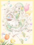  1girl apron balloon basket blush bow dress easter easter_egg egg frilled_dress frills full_body gloves green_dress green_eyes green_footwear hair_bow high_heels highres kuzuhara_kazuya long_hair multiple_hair_bows open_mouth original solo swept_bangs thighhighs twintails white_apron white_gloves white_hair white_thighhighs yellow_bow 