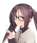  1girl akuta_hinako black-framed_eyewear black_sweater blush brown_eyes brown_hair capelet closed_mouth commentary_request ear_piercing fate/grand_order fate_(series) glasses highres long_hair looking_at_viewer mitsurugi_sugar piercing ribbed_sweater simple_background sleeves_past_wrists solo sweater turtleneck turtleneck_sweater twintails upper_body v very_long_hair white_background white_capelet 