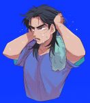  1boy black_eyes black_hair blue_background commentary_request cropped_torso grey_shirt highres inudori itou_kaiji kaiji long_hair looking_afar lower_teeth_only male_focus medium_bangs open_mouth parted_bangs scar scar_on_cheek scar_on_ear scar_on_face shirt simple_background solo sweat teeth towel towel_around_neck upper_body 