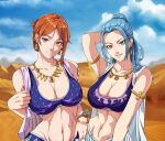  2girls absurdres arm_behind_head armlet blue_hair blue_sky breasts brown_eyes cleavage cloud dancer desert earrings highres jewelry kerana_art large_breasts long_hair multiple_girls nami_(one_piece) navel necklace nefertari_vivi one_piece orange_hair ponytail short_hair sky smile tattoo 