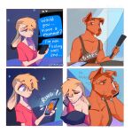  4_panel_comic anthro blonde_hair bodily_fluids border boyfriends brown_body brown_fur canid canine canis cellphone chin_tuft clothing crying domestic_dog duo ears_down english_text eyes_closed facial_tuft fur girly hair half-closed_eyes heresvix hi_res lagomorph leporid male mammal narrowed_eyes phone pillow pillow_hug pivoted_ears rabbit shirt smartphone sound_effects t-shirt tank_top tears text topwear white_body white_border white_fur wide_eyed 