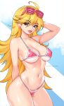  1girl absurdres arm_behind_head bikini blonde_hair breasts cleavage darkmoney earrings eyewear_on_head highres jewelry large_breasts long_hair looking_at_viewer navel panty_&amp;_stocking_with_garterbelt panty_(psg) patreon_username pink-framed_eyewear pink_bikini shutter_shades solo swimsuit thighs 