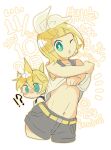  1boy 1girl 7:24 ^^^ ahoge aqua_eyes bare_arms bare_shoulders black_sailor_collar blonde_hair blush bow chibi clothes_lift flat_chest full-face_blush grey_sailor_collar grey_shorts hair_bow hair_ornament hairclip highres kagamine_len kagamine_rin lifted_by_self looking_at_viewer midriff narrow_waist navel one_eye_closed open_mouth puckered_lips sailor_collar shirt shirt_lift short_hair short_ponytail short_sleeves shorts sleeveless sleeveless_shirt surprised translation_request undressing vocaloid white_bow white_shirt 