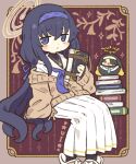  1girl black_socks blue_archive blue_eyes blue_hair blue_hairband blue_neckerchief book book_stack brown_cardigan cardigan character_doll character_name chibi commentary frown hair_between_eyes hairband hinata_(blue_archive) holding holding_book invisible_chair light_blush long_hair looking_at_viewer neckerchief onyhakase pleated_skirt raised_eyebrows sailor_collar sitting skirt sleeves_past_fingers sleeves_past_wrists slippers socks solo ui_(blue_archive) very_long_hair white_sailor_collar white_skirt 