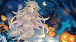  1girl :o bandaged_arm bandaged_leg bandages bird black_nails character_request claw_pose commentary copyright_request crow grey_hair highres jack-o&#039;-lantern long_hair looking_at_viewer mummy_costume nail_polish navel open_clothes outdoors red_eyes sitting solo ten-chan_(eternal_s) very_long_hair wariza 