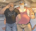  2023 age_difference anthro anthro_on_anthro au belt blush boomer_(nanoff) bottomwear canid canine canis clothed clothing duo ear_piercing ear_ring eyebrow_piercing facial_piercing felid fully_clothed gesture hi_res hyenaface jewelry male male/male mammal mature_male miles_(nanoff) necklace nipples older_male pantherine pants piercing ring_piercing shirt tank_top tiger topwear v_sign whiskers wolf younger_male 