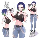  1girl bare_shoulders between_breasts black_choker black_vest blue_hair bob_cut breasts brown_eyes camera choker cleavage collarbone crop_top denim highres holding holding_camera jeans jun_(navigavi) large_breasts loose_hair_strand midriff navel off-shoulder_shirt off_shoulder pants perrin_(pokemon) pokemon pokemon_(game) pokemon_sv ribbed_shirt shirt short_sleeves solo strap_between_breasts translation_request vest watch white_shirt wristwatch 