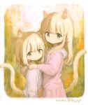  2girls absurdres animal_ears black_eyes blonde_hair blush border borrowed_character bow cat_ears cat_girl cat_tail child closed_mouth dot_mouth dot_nose flat_chest frown hair_bow hair_ornament hairclip hands_on_another&#039;s_shoulders highres hood hood_down hoodie long_hair long_sleeves looking_at_viewer multiple_girls original parfait_(hawawa) pink_bow pink_hoodie pink_skirt sho_(sho_lwlw) short_hair sidelocks skirt standing tail twitter_username white_border white_hoodie 