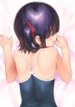  1girl ariduka_anto back black_hair dakimakura_(medium) hair_over_eyes lying mole mole_under_mouth on_stomach one-piece_swimsuit purple_eyes shiden_(sashimi_no_wife) short_hair side_ponytail swimsuit virtual_ant_channel virtual_youtuber 