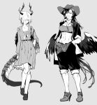  2girls bag bag_charm charm_(object) closed_mouth cowboy_hat crop_top dragon_girl flat_chest greyscale grin hands_in_pockets hat highres horns kicchou_yachie kneehighs kurokoma_saki loafers long_sleeves low_wings monochrome multiple_girls pants pants_rolled_up photoshop_(medium) risui_(suzu_rks) sailor_collar school_bag school_uniform shoes sleeves_rolled_up smile socks tail turtle_shell wings 