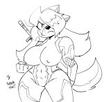  2023 anaugi anthro big_breasts black_and_white bodysuit breasts canid canine canis clothing cosplay domestic_dog english_text female frown hachimitsu hair hair_over_eye long_hair looking_at_viewer mammal melee_weapon monochrome nipple_outline one_eye_obstructed scar signature simple_background sketch skinsuit solo sword taimanin_(series) taimanin_asagi text tight_clothing weapon white_background 