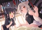  2girls :3 all_fours animal_ears bare_shoulders black_dress black_hair black_ribbon blue_archive blush breasts china_dress chinese_clothes clothing_cutout dress green_eyes grey_hair hair_between_eyes hair_ornament hair_ribbon halo holding indoors kokona_(blue_archive) long_hair looking_at_viewer mimikaki multicolored_hair multiple_girls open_mouth orange_eyes ribbon shun_(blue_archive) shun_(small)_(blue_archive) sleeveless sleeveless_dress small_breasts streaked_hair tassel tousaki_shiina very_long_hair 