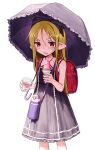  1girl absurdres backpack bag black_bow black_dress blush_stickers bottle bow commentary_request dress fang feet_out_of_frame food frilled_umbrella frills hair_bow highres holding holding_food holding_ice_cream ice_cream looking_at_viewer original oyasumi_guu_guu parted_bangs pointy_ears randoseru red_bag red_eyes simple_background solo sweat umbrella vampire water_bottle white_background 