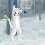  anthro blue_cheeks blue_ears blue_eyes bodily_fluids cum cum_drip dripping erection fog foggy_background forest forest_background fur genital_fluids genitals grey_hair hair hi_res lagomorph mammal melee_weapon nature nature_background navel penis plant silavos silavos_snow smile snow sword tail tree watermark weapon white_body white_fur 