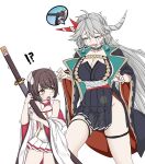  !? 2girls antenna_hair azur_lane black_skirt blunt_bangs breasts collarbone commentary_request crying demon_girl demon_horns detached_collar detached_sleeves earrings grey_hair hair_between_eyes hakuryuu_(azur_lane) height_difference hiei-chan_(azur_lane) highres holding holding_sword holding_weapon horns japanese_clothes jewelry katana large_breasts long_hair long_sleeves looking_at_another multiple_girls object_hug oni_horns oukama parted_bangs rope shimenawa short_hair side_slit sidelocks simple_background size_difference skirt streaming_tears sword tears thighlet weapon white_background white_skirt wide_sleeves 