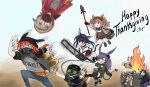 1boy 6+girls :d :o @_@ angelina_(arknights) animal_ears arknights black_hair black_jacket blaze_(arknights) brown_background brown_hair chainsaw chibi commentary_request crownslayer_(arknights) english_commentary fire grappling_hook grey_hair hairband highres holding holding_weapon hood horns ifrit_(arknights) jacket jitome kneeling lniyu mask motion_blur motion_lines multiple_girls orange_eyes projekt_red_(arknights) rabbit_ears red_hair red_hairband red_jacket rope_(arknights) running saga_(arknights) simple_background smile sparkling_eyes staff standing thanksgiving twintails weapon white_background wraith_(arknights) |_| 