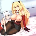  2girls absurdres anne_bonny_(fate) blonde_hair breasts covered_nipples fate/grand_order fate_(series) highres large_breasts looking_at_viewer mary_read_(fate) multiple_girls nipples non-web_source on_bed pantyhose scar scar_on_face sitting skull_collar small_breasts smile yozo_(stanky) 