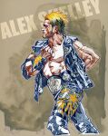  1boy alex_shelley beard black_hair blonde_hair brown_background championship_belt character_name commentary_request crossover dog_tags english_text facial_hair from_side impact_wrestling kyobashi male_focus multicolored_hair muscular muscular_male new_japan_pro_wrestling pants shingeki_no_kyojin short_hair solo two-tone_hair upper_body vest wrestler wrestling 