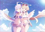  &gt;_&lt; 2girls :d angel_wings arm_hug aya-cis azusa_(blue_archive) azusa_(swimsuit)_(blue_archive) bead_necklace beads bikini blue_archive blue_sky bow brown_hair cloud cloudy_sky collarbone commentary_request eyewear_on_head feathered_wings flower frilled_bikini frills groin hair_between_eyes hair_bow hair_flower hair_ornament hair_ribbon hairclip halo hifumi_(blue_archive) hifumi_(swimsuit)_(blue_archive) highres jewelry lens_flare long_hair looking_at_viewer low_twintails multiple_girls navel necklace official_alternate_costume outdoors pendant purple_eyes ribbon side-tie_bikini_bottom sidelocks sky sleeveless smile spaghetti_strap stomach sun sunglasses sunlight swimsuit twintails white_hair white_wings wings xd 