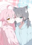 2girls ahoge animal_ears aqua_eyes blue_archive blue_hoodie cheek-to-cheek closed_mouth extra_ears grey_hair halo heads_together highres hood hoodie hoshino_(blue_archive) long_hair long_sleeves looking_at_viewer medium_hair multiple_girls one_eye_closed pink_hair pink_hoodie seno_(senohime) shiroko_(blue_archive) sidelocks twintails upper_body wolf_ears yellow_eyes 