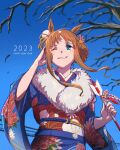  1girl 2023 animal_ears aqua_eyes arrow_(projectile) bare_tree blue_kimono brown_hair chromatic_aberration day floral_print flower fur-trimmed_kimono fur_trim grass_wonder_(umamusume) grin hair_bun hair_flower hair_ornament hamaya hand_in_own_hair hand_up happy_new_year highres holding holding_arrow horse_ears japanese_clothes kimono light_blush long_hair long_sleeves new_year one_eye_closed outdoors smile solo teddy_(takarada) tree umamusume upper_body wide_sleeves 