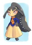  1girl black_hair black_skin blue_background blue_shirt blush border bottomless closed_mouth clothed_pokemon colored_skin commentary english_commentary extra_mouth flat_chest full_body groin hand_on_own_hip long_hair long_sleeves looking_at_viewer mawile multicolored_skin neckerchief orange_neckerchief outside_border pokemon pokemon_(creature) polka_dot_neckerchief red_eyes sharp_teeth shirt simple_background sketch solo standing teeth two-tone_skin uno_usaya very_long_hair white_border yellow_skin 